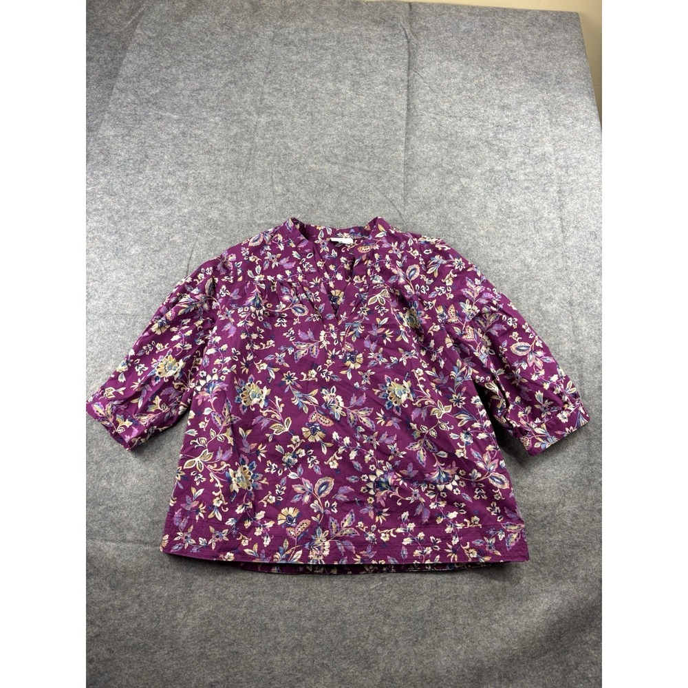 J. Jill Shirred Popover Top Womens S Plum Jacobean Garden Floral Blouse Boho